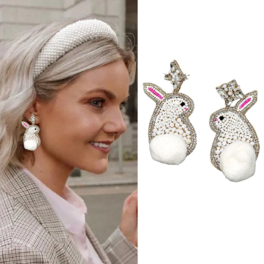 Happy Easter Pom-Pom Tail Bunny Rhinestone Seed Beaded Holiday Earrings NEW
